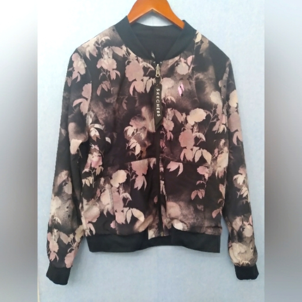 Skechers Floral Print Bomber Jacket Lightweight Full Zip Black Size S